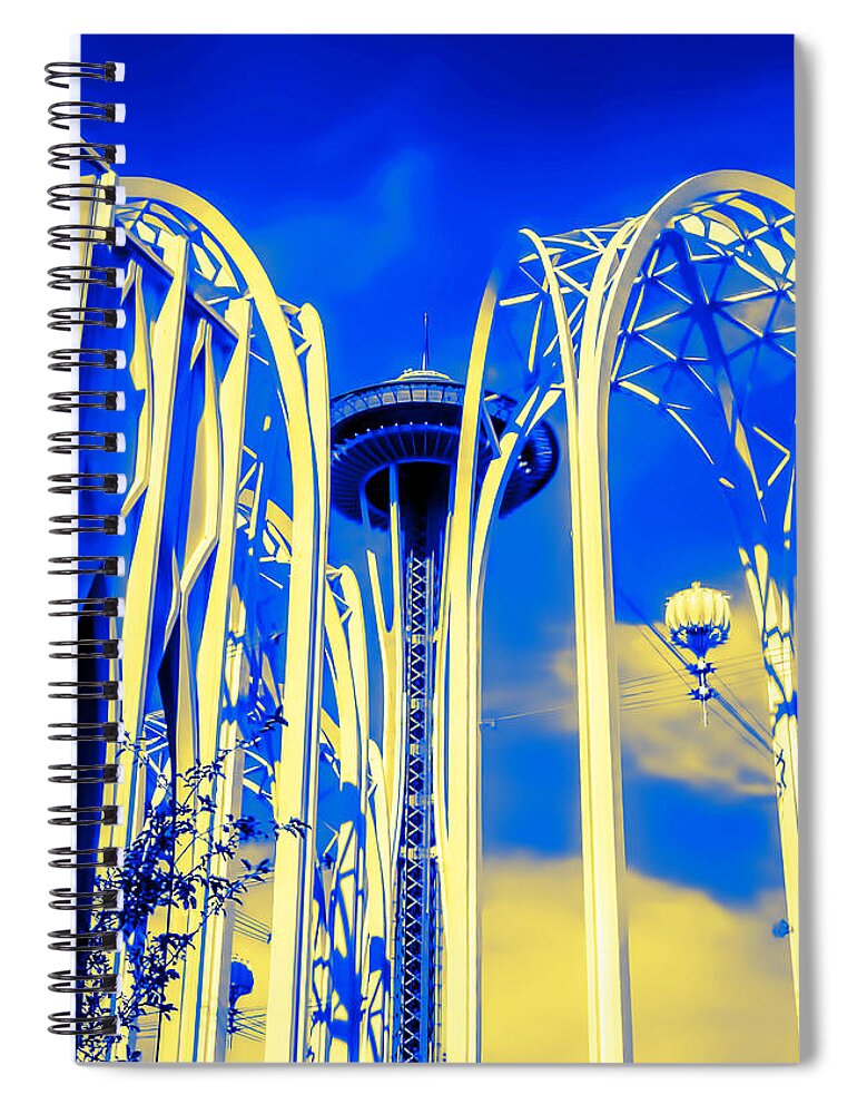 Space Needle Spiral Notebook featuring the photograph Space Needle Blue and Yellow by Cathy Anderson