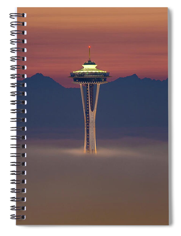 Seattle Spiral Notebook featuring the photograph Space Needle In The Fog At Sunset by Matt McDonald