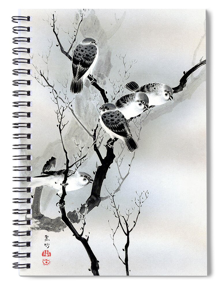Sparrow Spiral Notebook featuring the painting Sparrows by Puri-sen