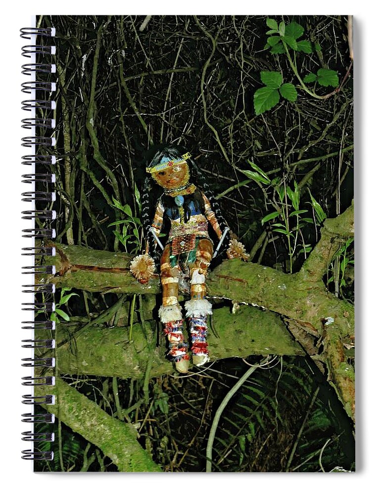 Doll Spiral Notebook featuring the photograph Spooky doll in forest by Martin Smith