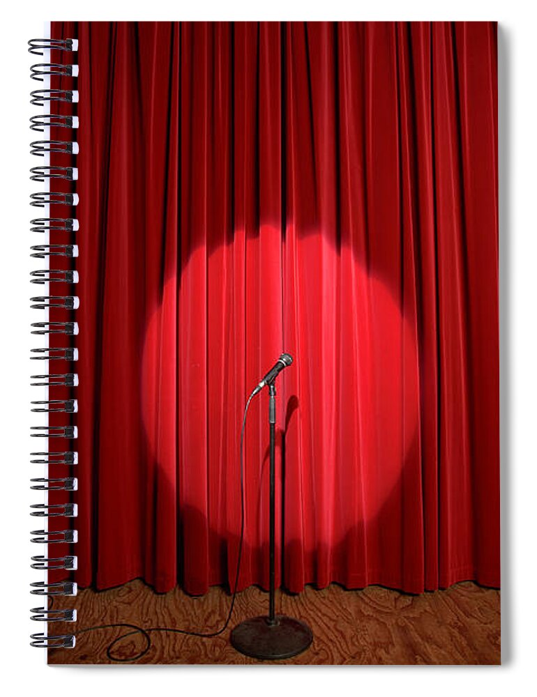 Microphone Stand Spiral Notebook featuring the photograph Spotlight On Microphone Stand On Stage by Adam Taylor
