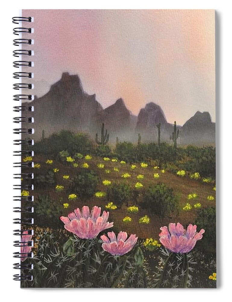 Hedgehog Cactus Flowers Spiral Notebook featuring the painting Spring Solitude by Jerry Bokowski