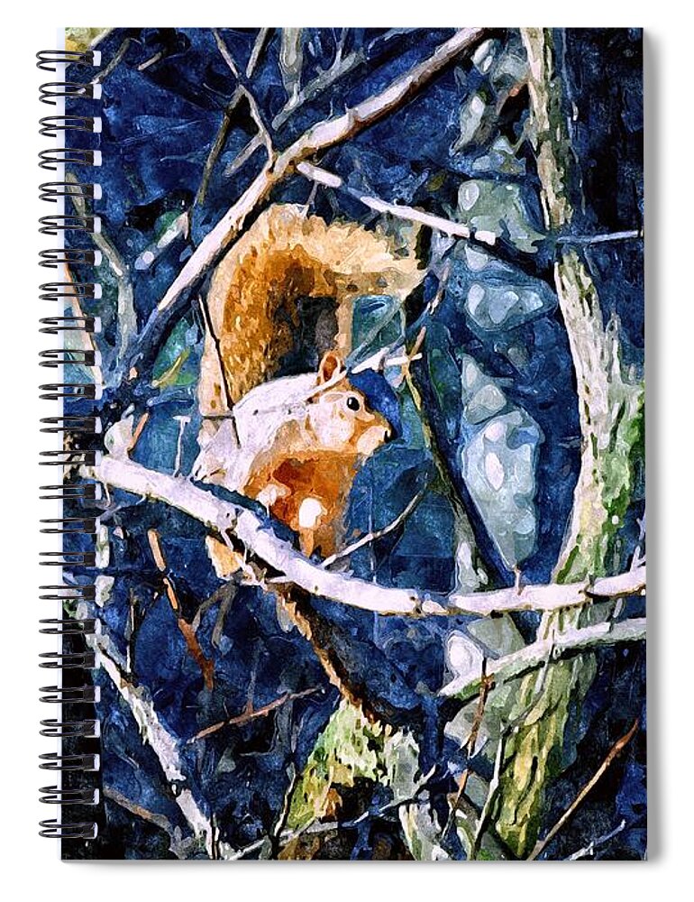 Squirrel Spiral Notebook featuring the mixed media Squirrel in the Trees by Christopher Reed