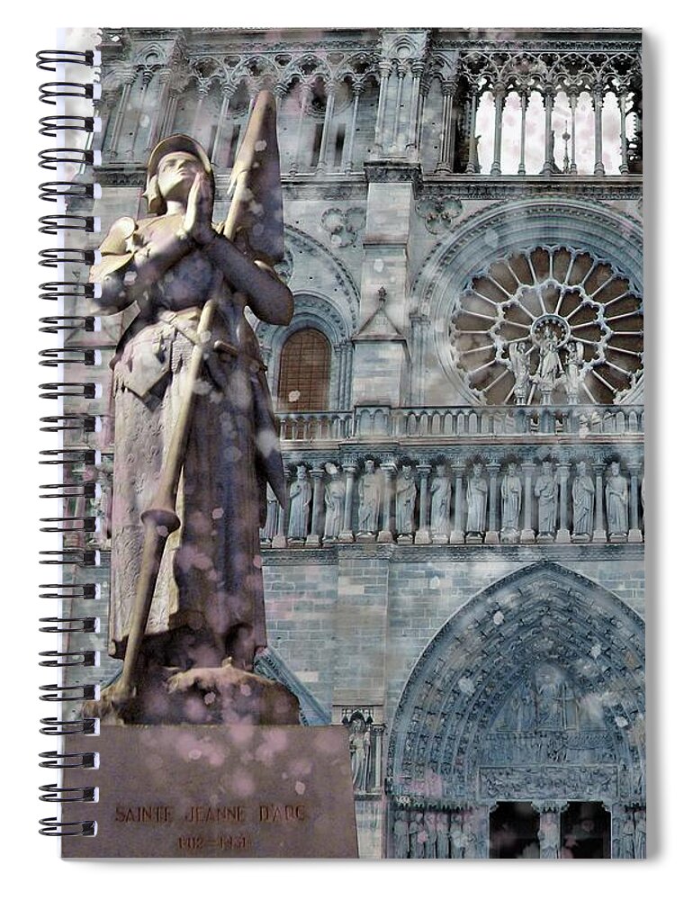 Notre Dame Spiral Notebook featuring the mixed media St Joan of Arc Watch Over Notre Dame by Joan Stratton