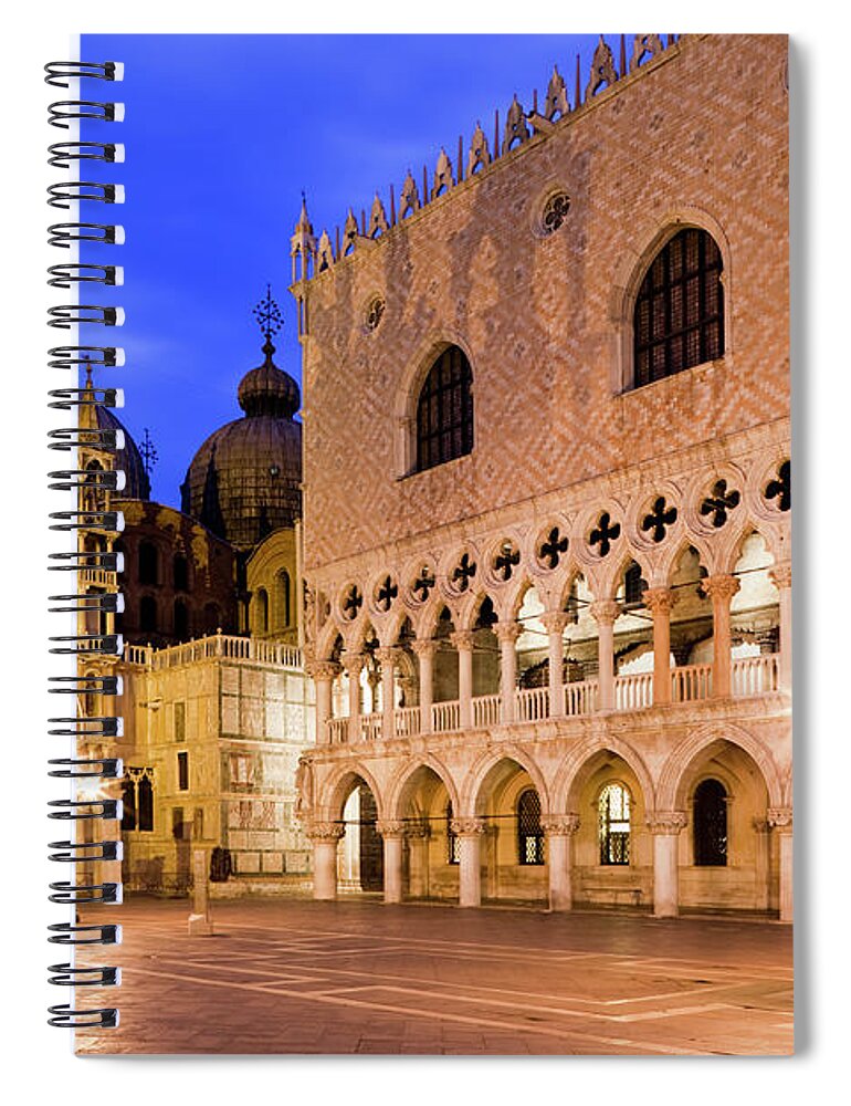 Veneto Spiral Notebook featuring the photograph St. Marks Basilica, Doges Palace At Dusk by Jorg Greuel