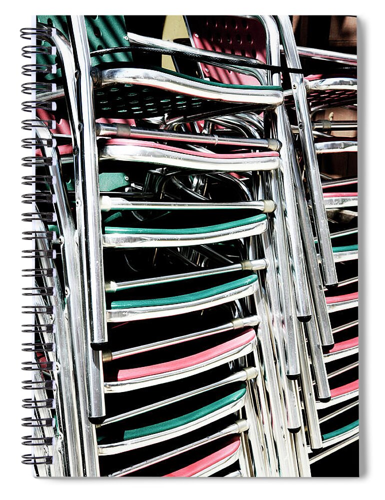 Stack Spiral Notebook featuring the photograph Stack of Chrome Chairs by Marilyn Hunt