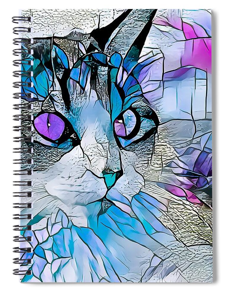 Glass Spiral Notebook featuring the digital art Stained Glass Cat Profile Blue by Don Northup