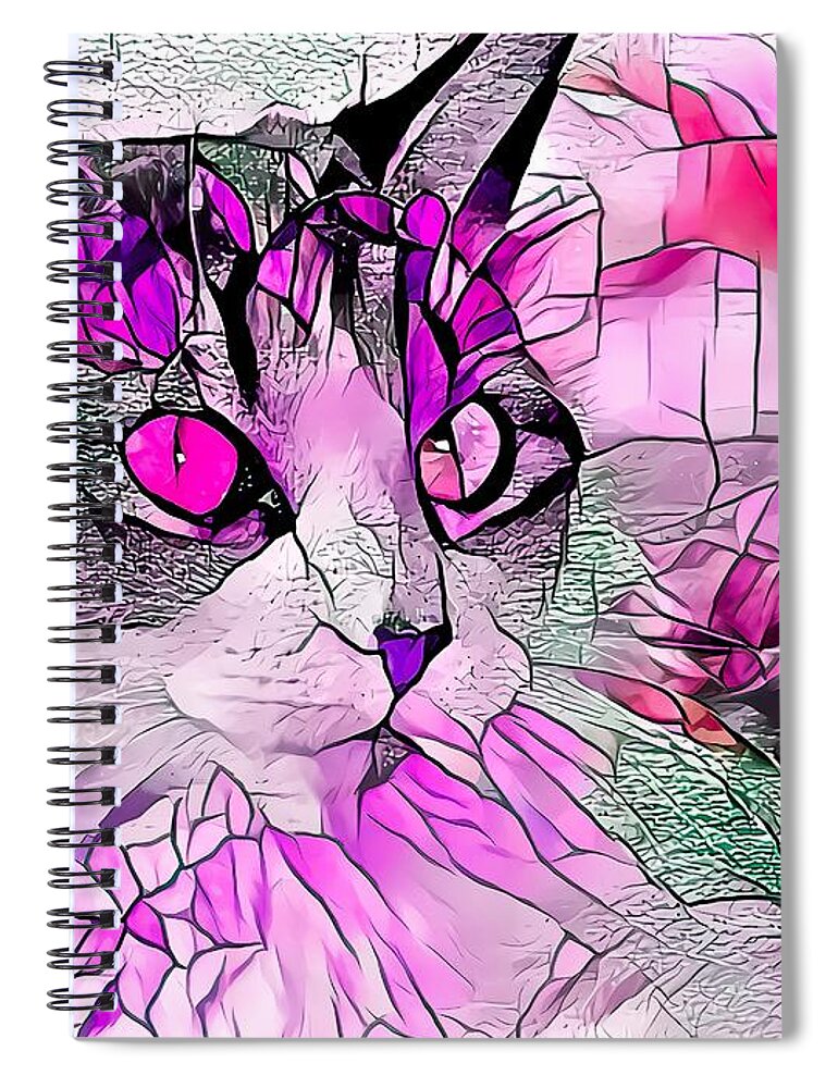 Glass Spiral Notebook featuring the digital art Stained Glass Cat Profile Purple by Don Northup