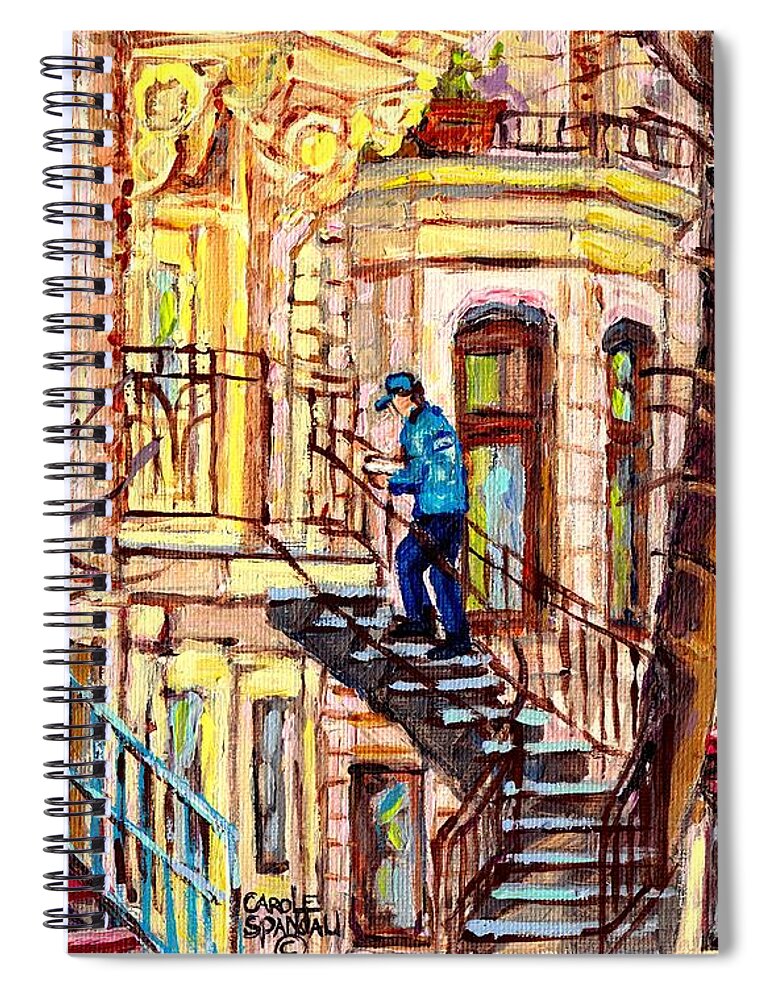 Montreal Spiral Notebook featuring the painting Staircase Street Scene Montreal Winding Staircases C Spandau The Mailman Plateau To Verdun Steps Art by Carole Spandau