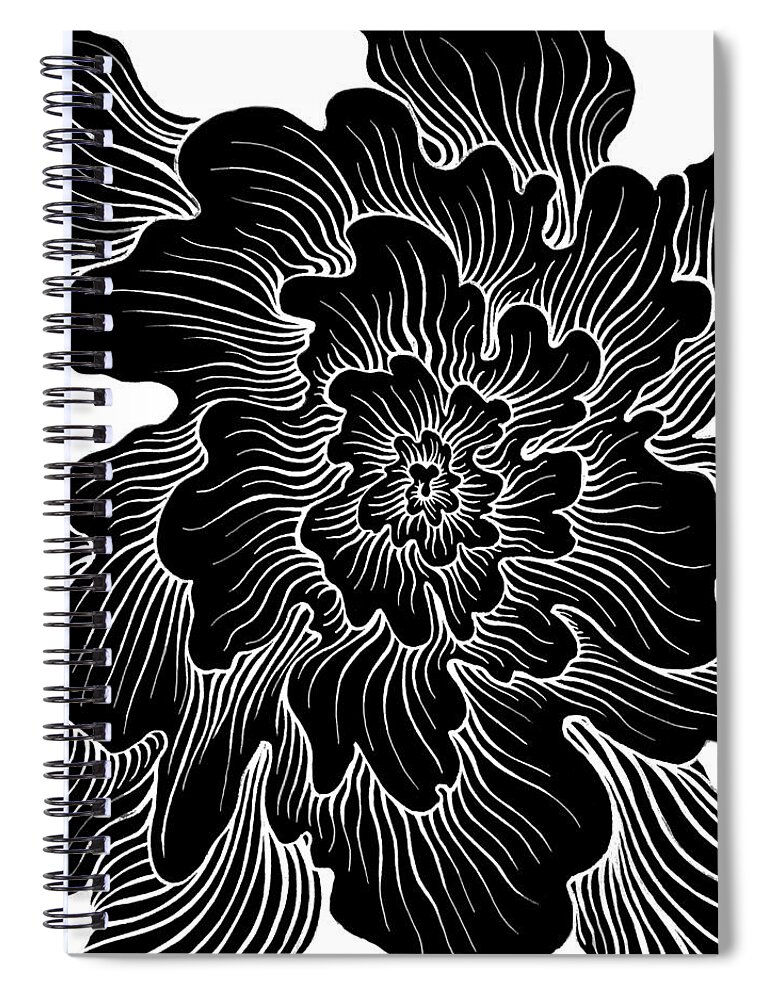 Black And White Movement Spiral Energy Positive Shock Zen  Spiral Notebook featuring the painting Static thought flower by Bryon Stewart