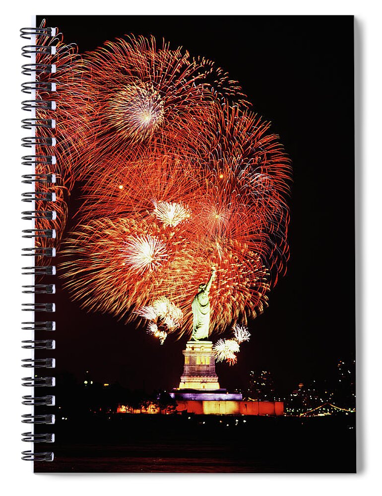 Firework Display Spiral Notebook featuring the photograph Statue Of Liberty With Fireworks by Jupiterimages