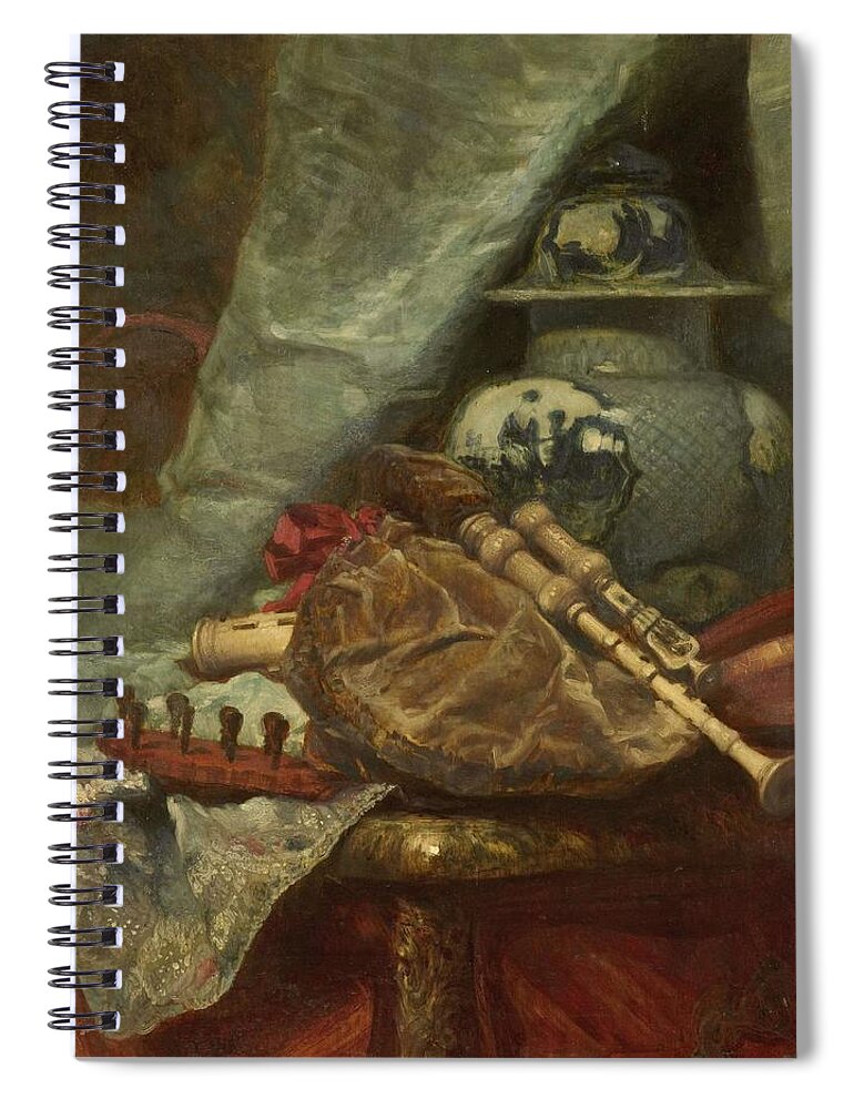 Adolphe Mouilleron Spiral Notebook featuring the painting Still Life with Bagpipes. by Adolphe Mouilleron -1820-1881-