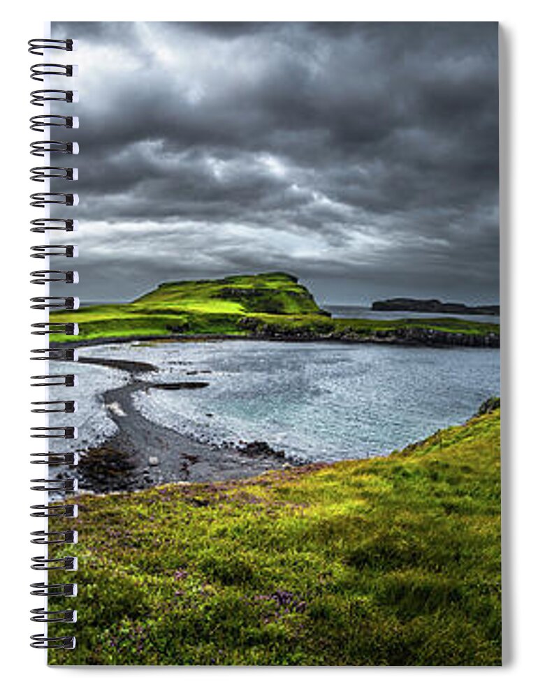 Adventure Spiral Notebook featuring the photograph Stony Sandbank To Sunlit Green Island At Low Tide On The Isle Of Skye In Scotland by Andreas Berthold