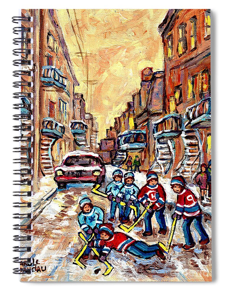 Montreal Spiral Notebook featuring the painting Street Hockey Game 4th Ave Verdun Montreal Art C Spandau City Scene Painting             by Carole Spandau