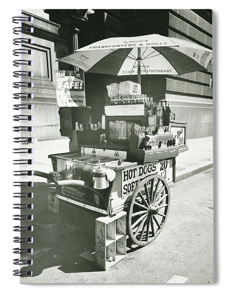 1950-1959 Spiral Notebook featuring the photograph Street Hot Dogs Vendor Cart, B&w by George Marks