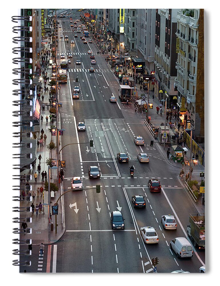 Land Vehicle Spiral Notebook featuring the photograph Street In Madrid by Hitesh Sawlani