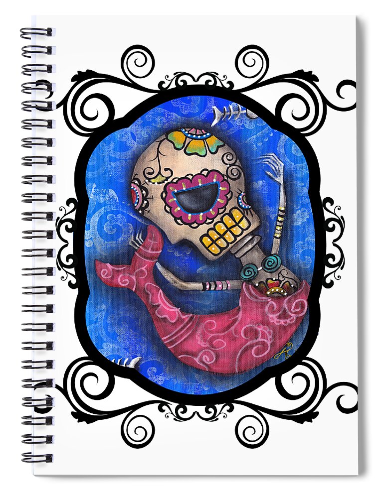 Day Of The Dead Spiral Notebook featuring the painting Sugar Skull Mermaid by Abril Andrade