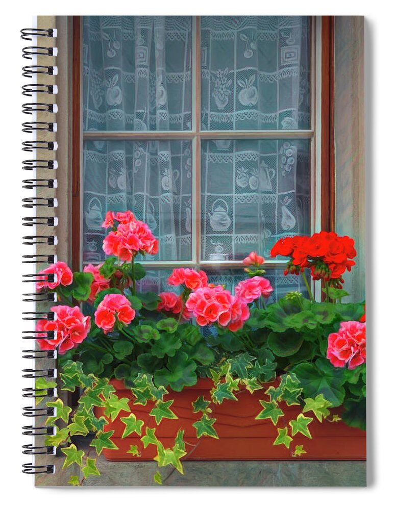 Barn Spiral Notebook featuring the photograph Summer Geraniums in the Window Painting by Debra and Dave Vanderlaan