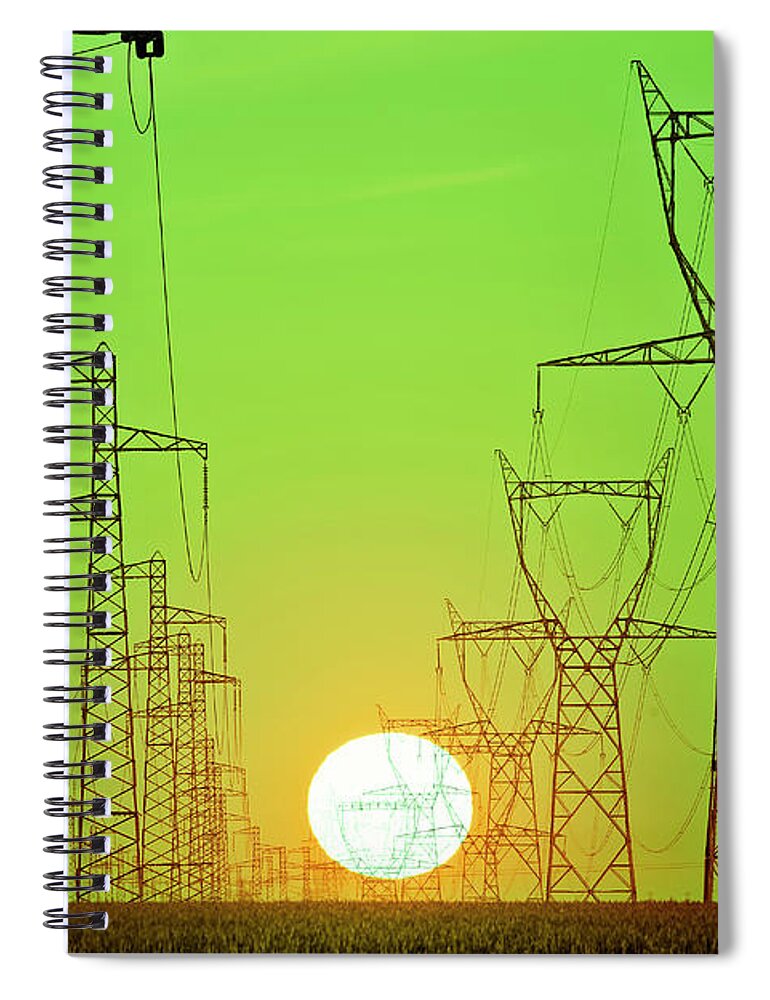 Electricity Pylon Spiral Notebook featuring the photograph Sun Behind Power Lines by Sylvain Sonnet