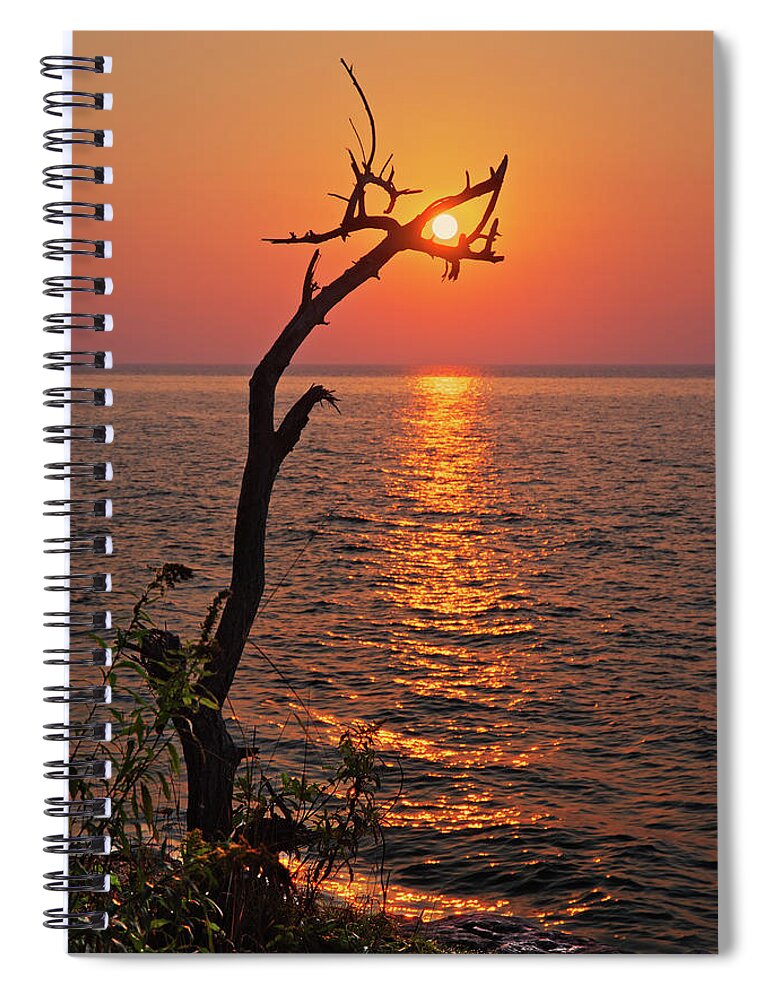 Sun Wi Cave Point Park Door County Lake Michigan Alignment Spiral Notebook featuring the photograph SunCatcher - Dead tree grasps the rising sun at Cave Point Park in Door County WI by Peter Herman