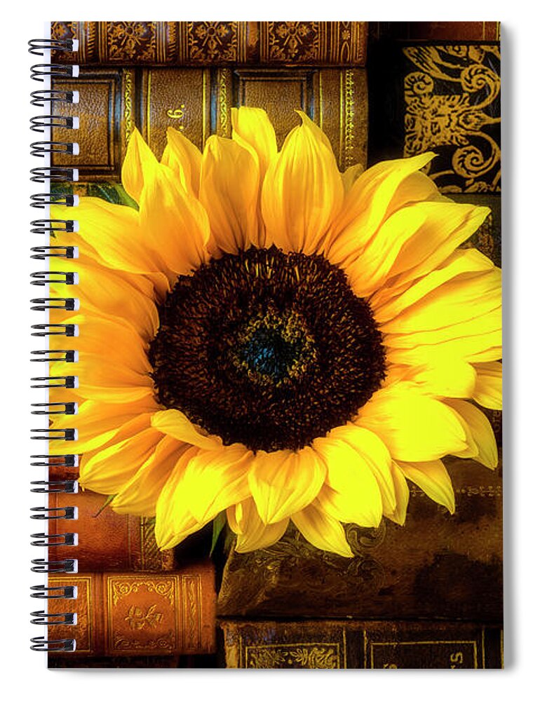 Book Spiral Notebook featuring the photograph Sunflower In Stack Of Books by Garry Gay