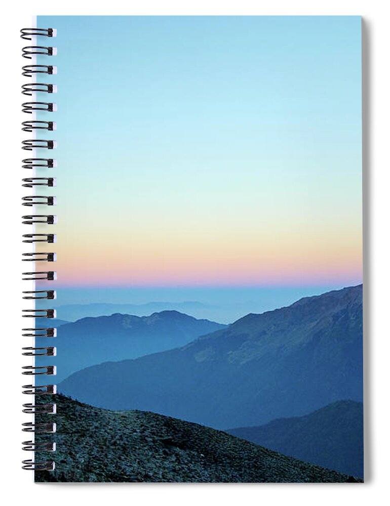 Himalaya Spiral Notebook featuring the photograph Sunrise above mountain in valley Himalayas mountains Mardi Himal by Raimond Klavins