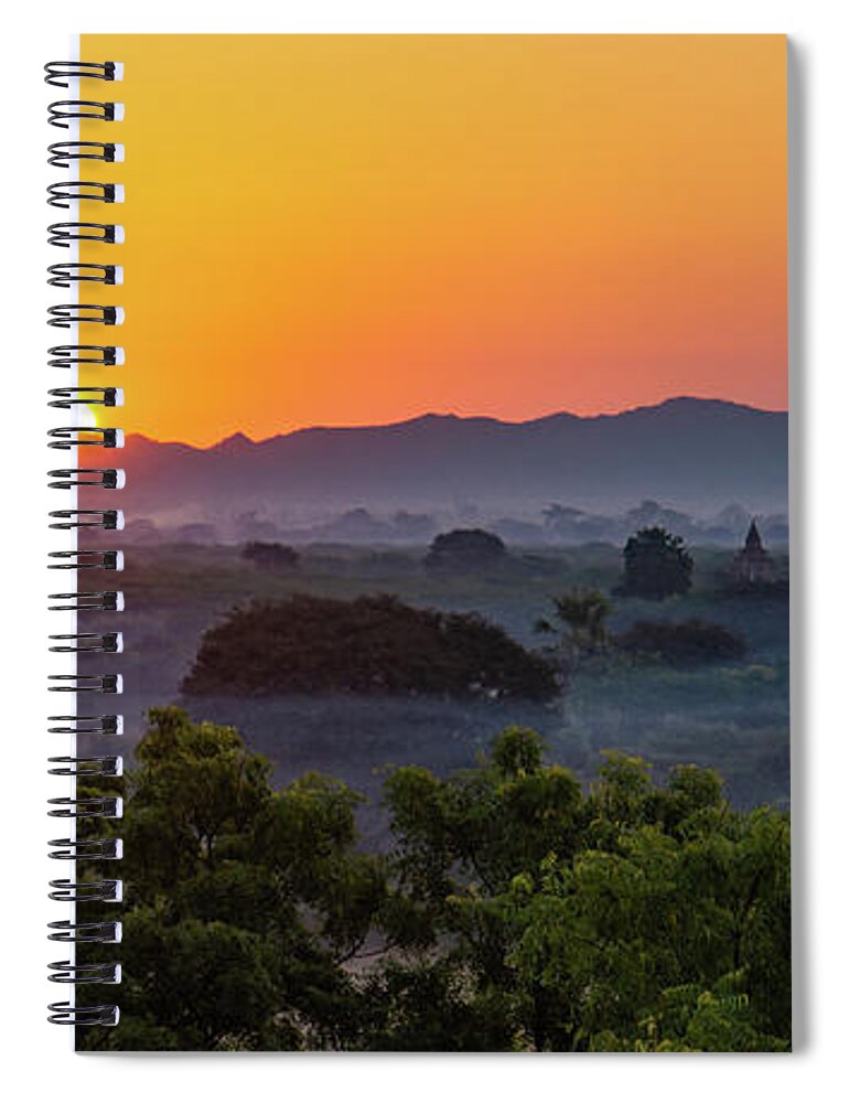 Sun Spiral Notebook featuring the photograph sunrise landscape in Bagan, Myanmar by Ann Moore