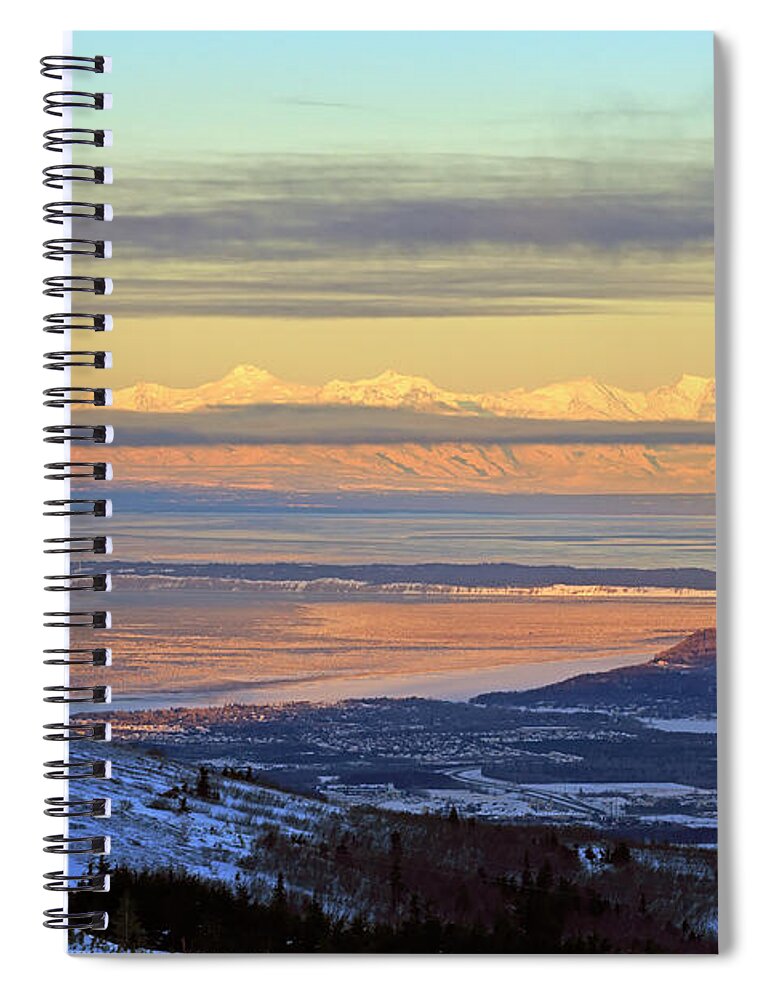 Cityscape Spiral Notebook featuring the photograph Sunrise view across Cook Inlet from above Anchorage Alaska by Louise Heusinkveld