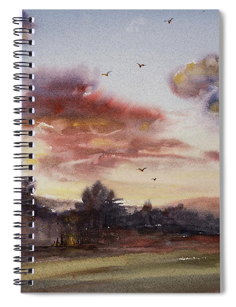 Watercolor Spiral Notebook featuring the painting Sunset Bonfire by Judith Levins