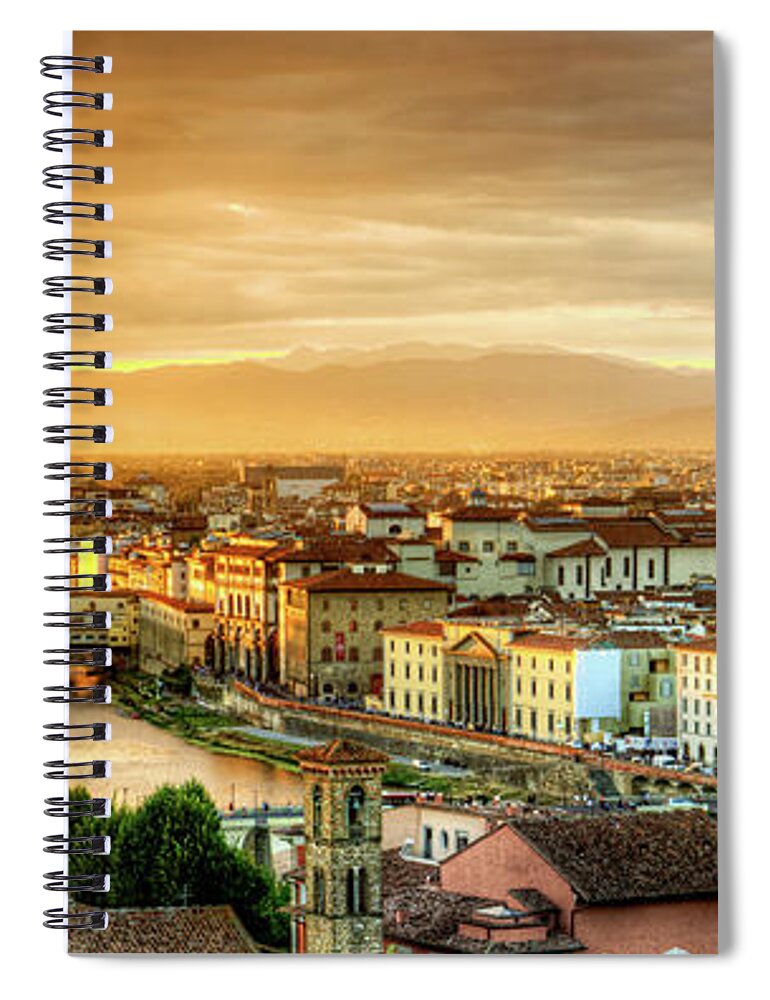 Florence Spiral Notebook featuring the photograph Sunset in Florence duet 1 - Ponte Vecchio and Palazzo Vecchio by Weston Westmoreland