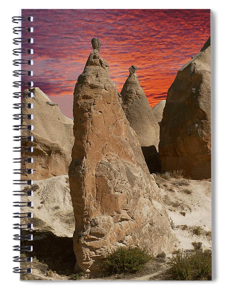 Volcanic Spiral Notebook featuring the photograph Sunset on fairy chimney balanced rock by Steve Estvanik