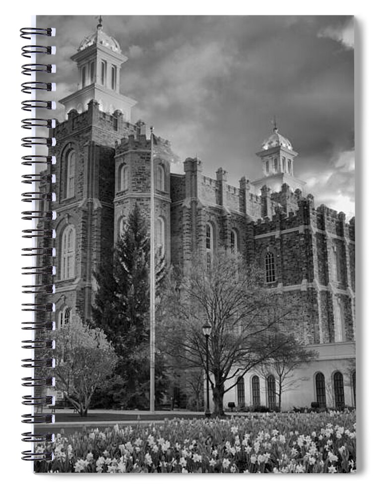Logan Temple Spiral Notebook featuring the photograph Sunset Over The Logan Temple Black And White by Adam Jewell