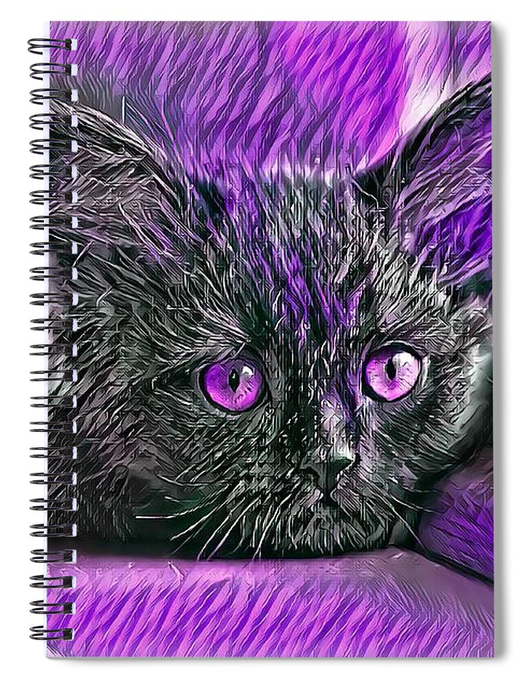 Purple Spiral Notebook featuring the digital art Super Cool Black Cat Purple Eyes by Don Northup