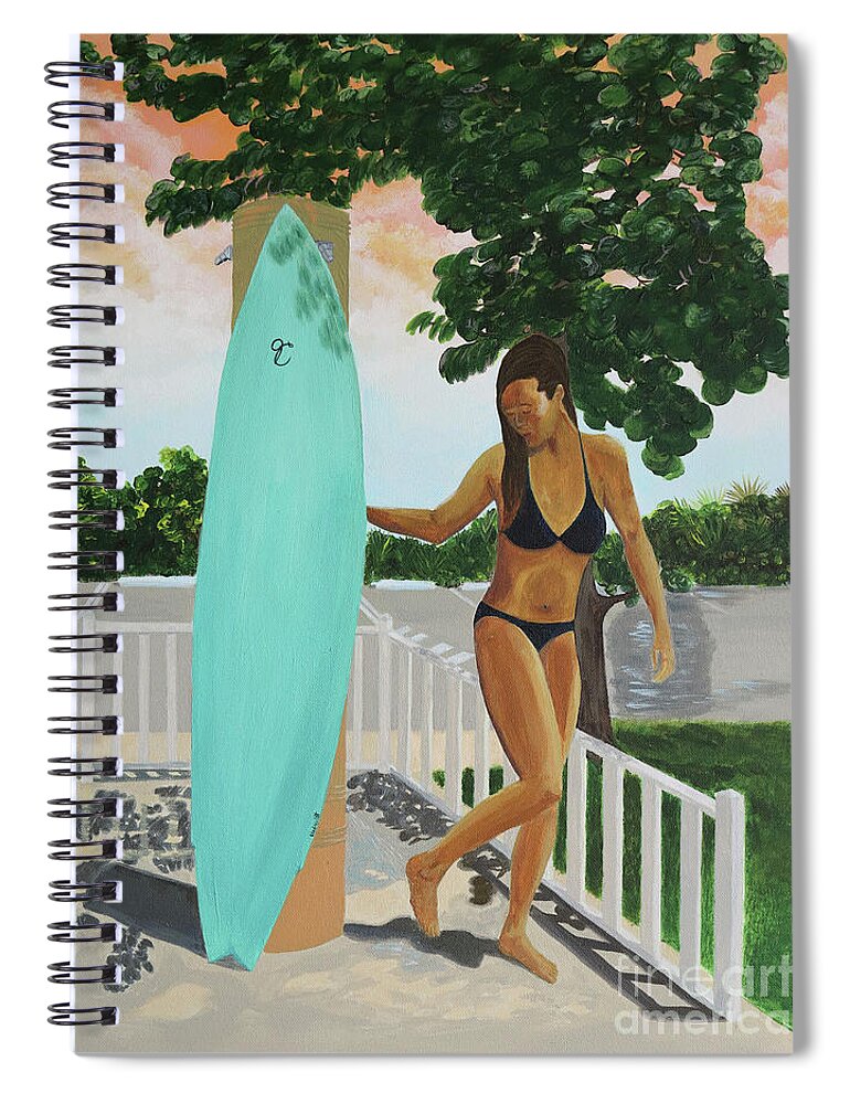 Beach Spiral Notebook featuring the painting Surfer Girl Beach Shower by Jenn C Lindquist