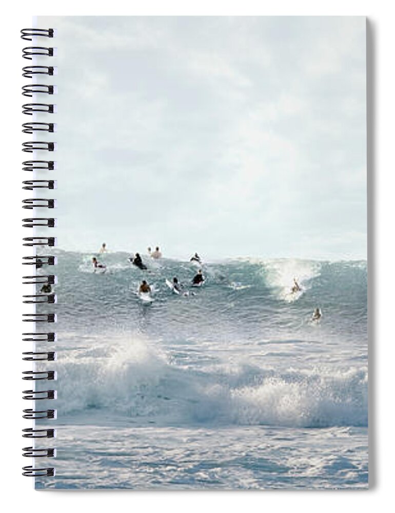 Crowd Spiral Notebook featuring the photograph Surfers Surfing On Wave by Ed Freeman