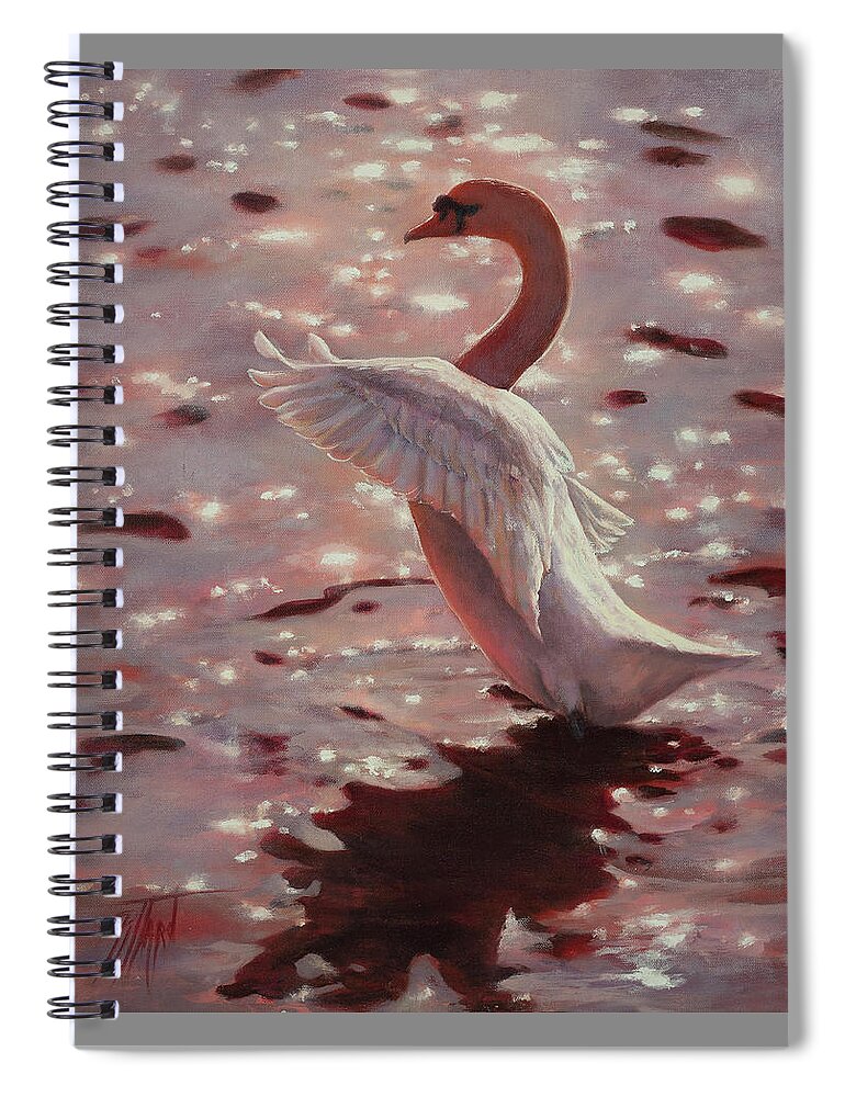 Swan Spiral Notebook featuring the painting Pink Sunset Swan by Lynne Pittard