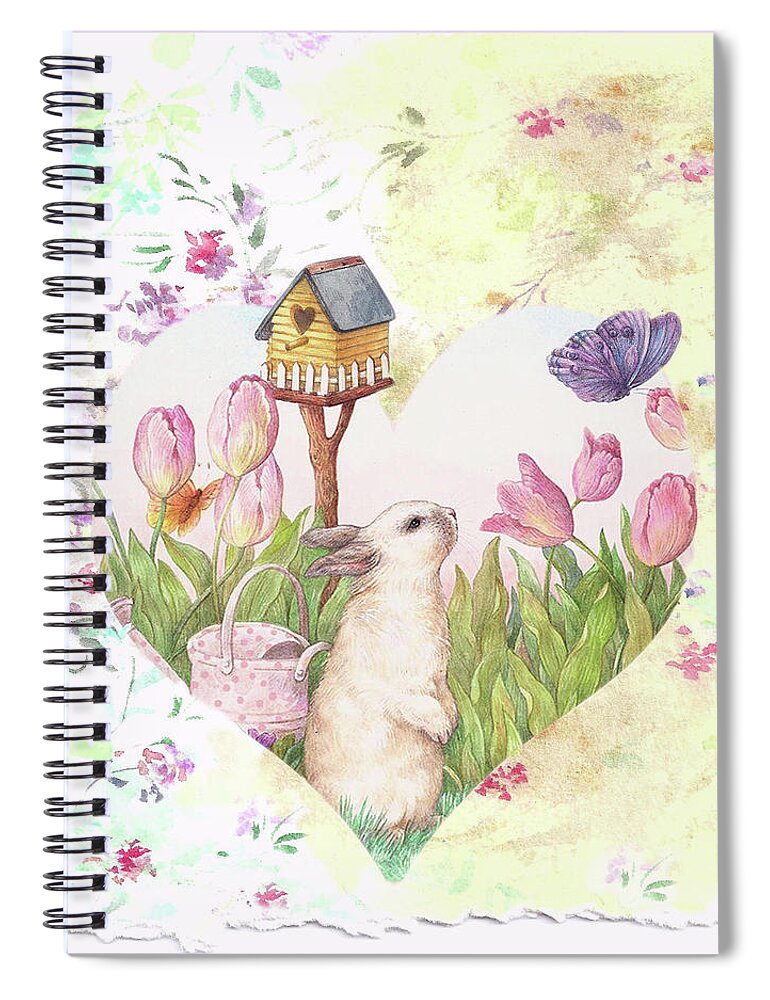 Soft Nursery Wall Art Spiral Notebook featuring the painting Sweet Heart Bunny and Butterfly by Judith Cheng