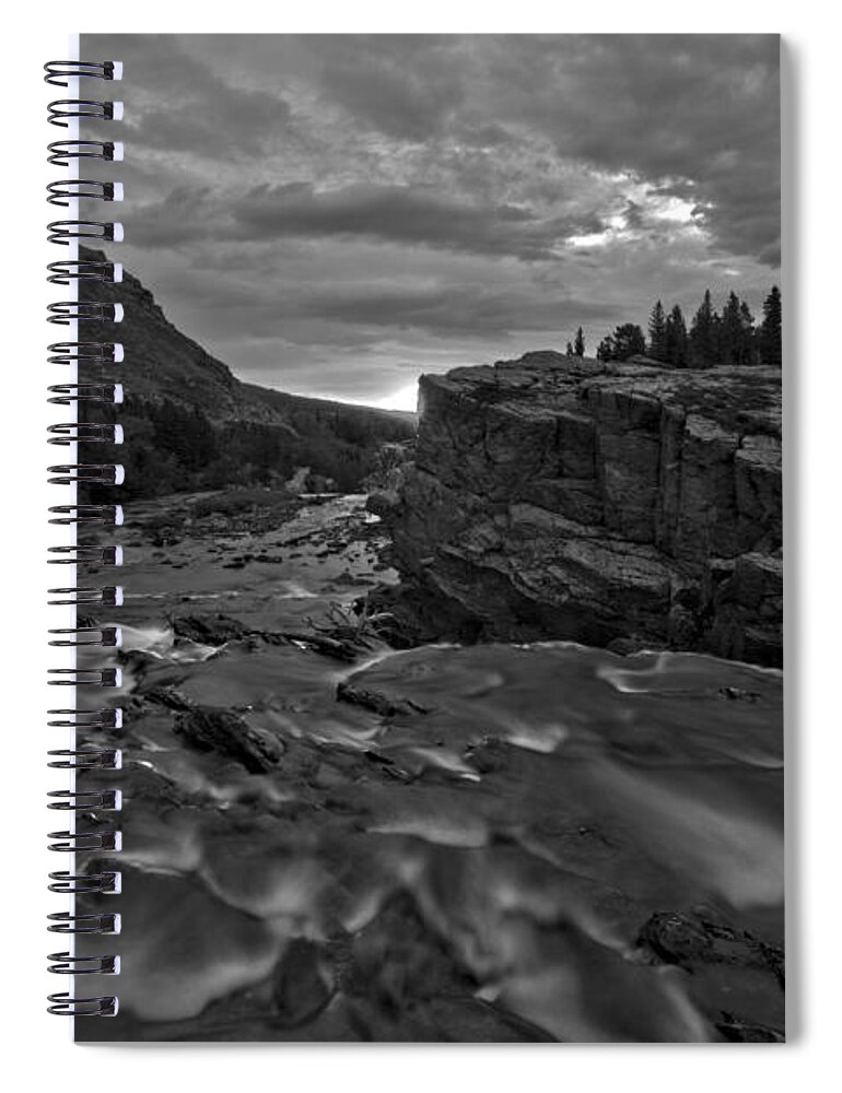 Swiftcurrent Falls Spiral Notebook featuring the photograph Swiftcurrent Falls Sunrise Burst Black And White by Adam Jewell