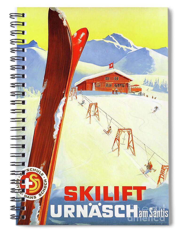 Switzerland Spiral Notebook featuring the drawing Switzerland Skilift Urnaesch Vintage Travel Poster Restored by Vintage Treasure