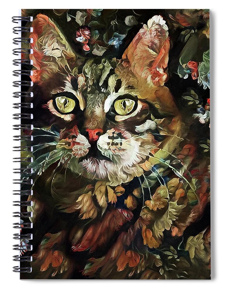Cat Spiral Notebook featuring the digital art Tabby Cat Old World Floral by Peggy Collins