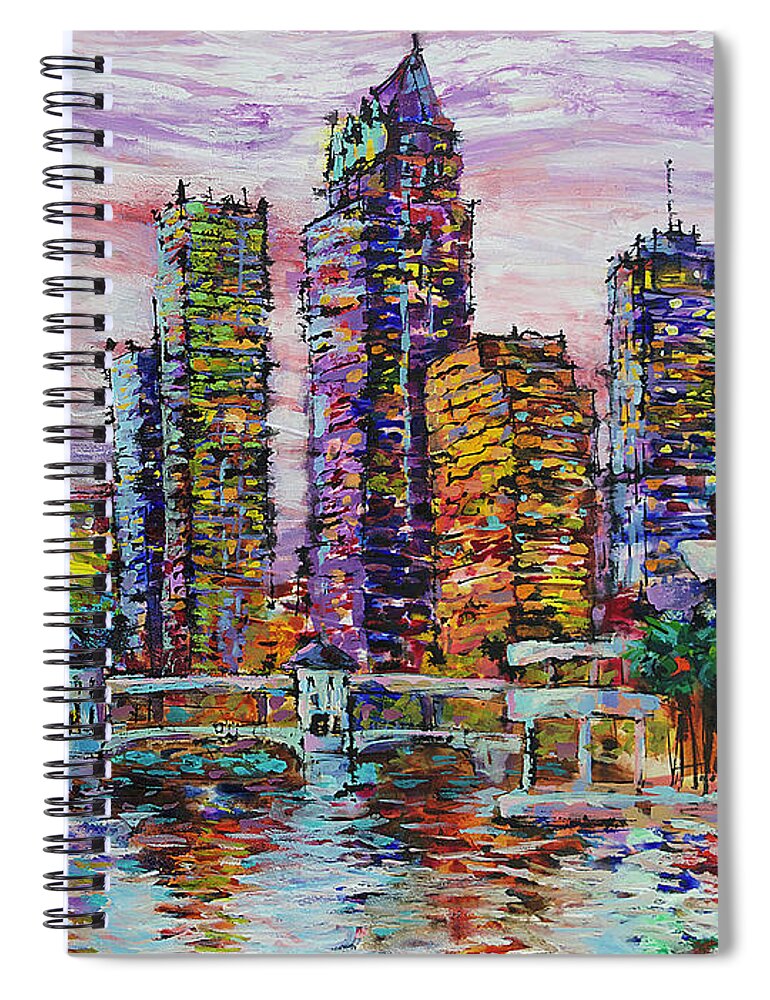  Spiral Notebook featuring the painting Tampa skyline at Sunset by Jyotika Shroff