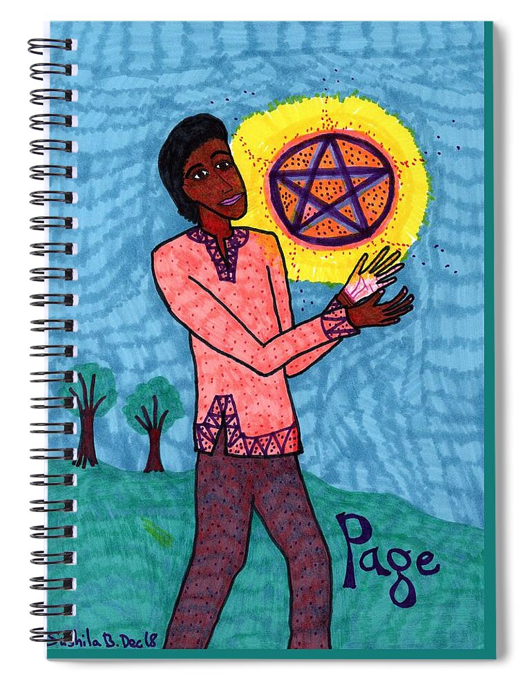 Tarot Spiral Notebook featuring the drawing Tarot of the Younger Self Page of Pentacles by Sushila Burgess