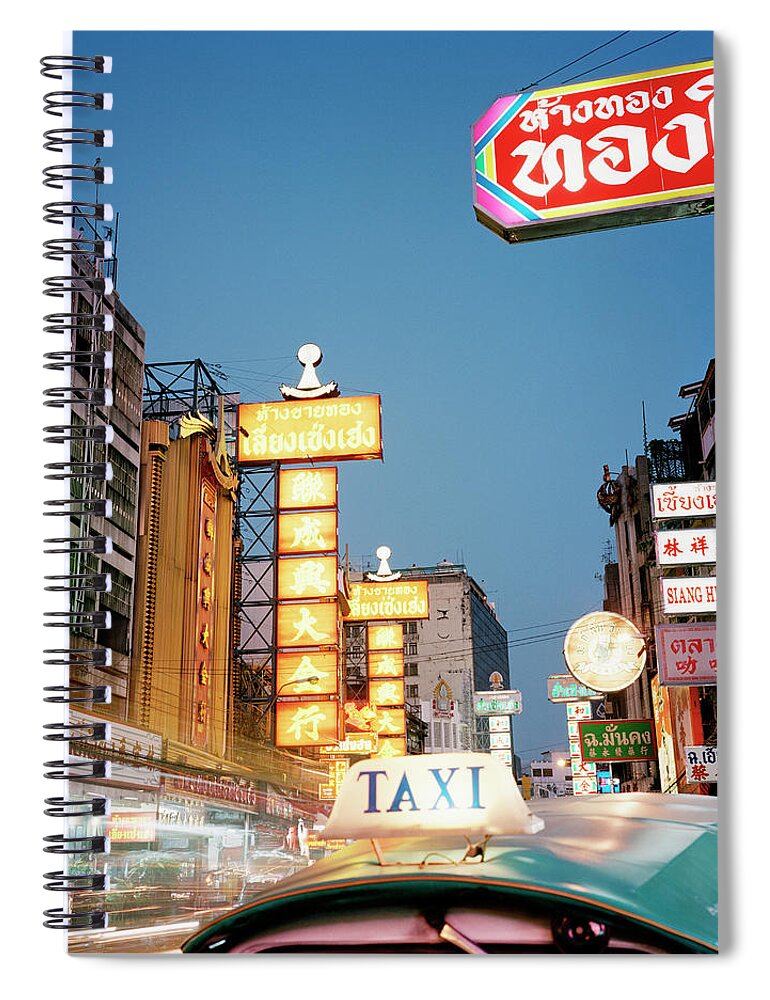 Chinatown Spiral Notebook featuring the photograph Taxi In Bustling Chinatown Street At by Gary Yeowell