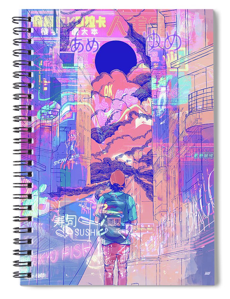 16-17 Years Spiral Notebook featuring the photograph Teenage Boy, Neon Signs And Japanese by Ikon Images