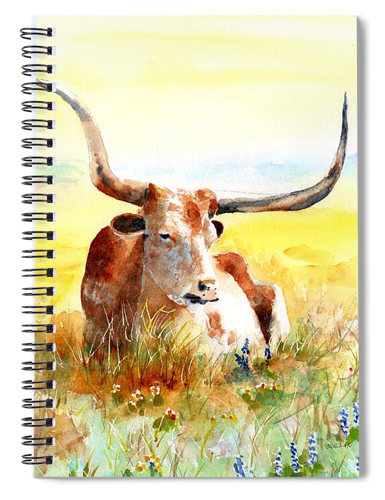Longhorn Spiral Notebook featuring the painting Texas Longhorn, Bluebonnets and Sunshine by Carlin Blahnik CarlinArtWatercolor