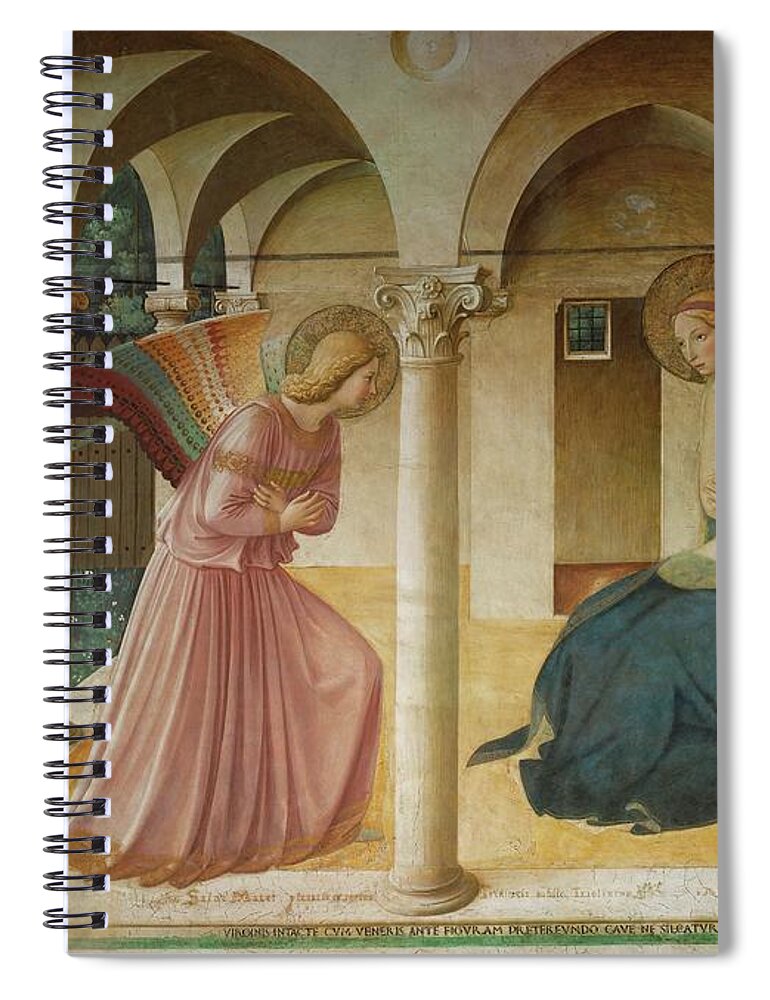 Archangel Gabriel Spiral Notebook featuring the painting The Annunciation. Fresco in the former dormitory of the Dominican monastery San Marco, Florence. by Fra Angelico -c 1395-1455-