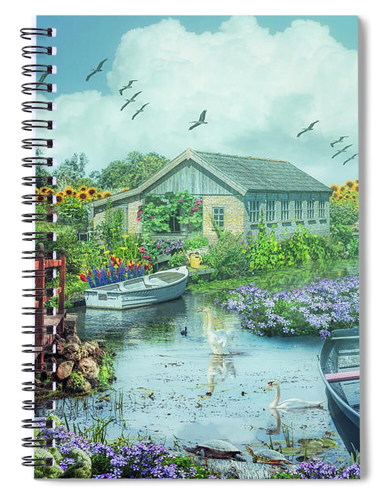 Barn Spiral Notebook featuring the digital art The Beauty of Flowers in Holland on a Misty Morning by Debra and Dave Vanderlaan