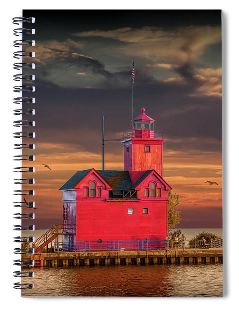 Art Spiral Notebook featuring the photograph The Big Red Lighthouse at Sunset on Lake Michigan by Ottawa Beac by Randall Nyhof