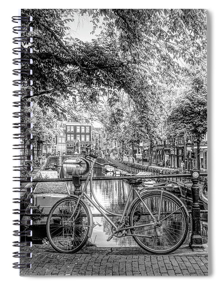 Boats Spiral Notebook featuring the photograph The Black Bike in Amsterdam by Debra and Dave Vanderlaan