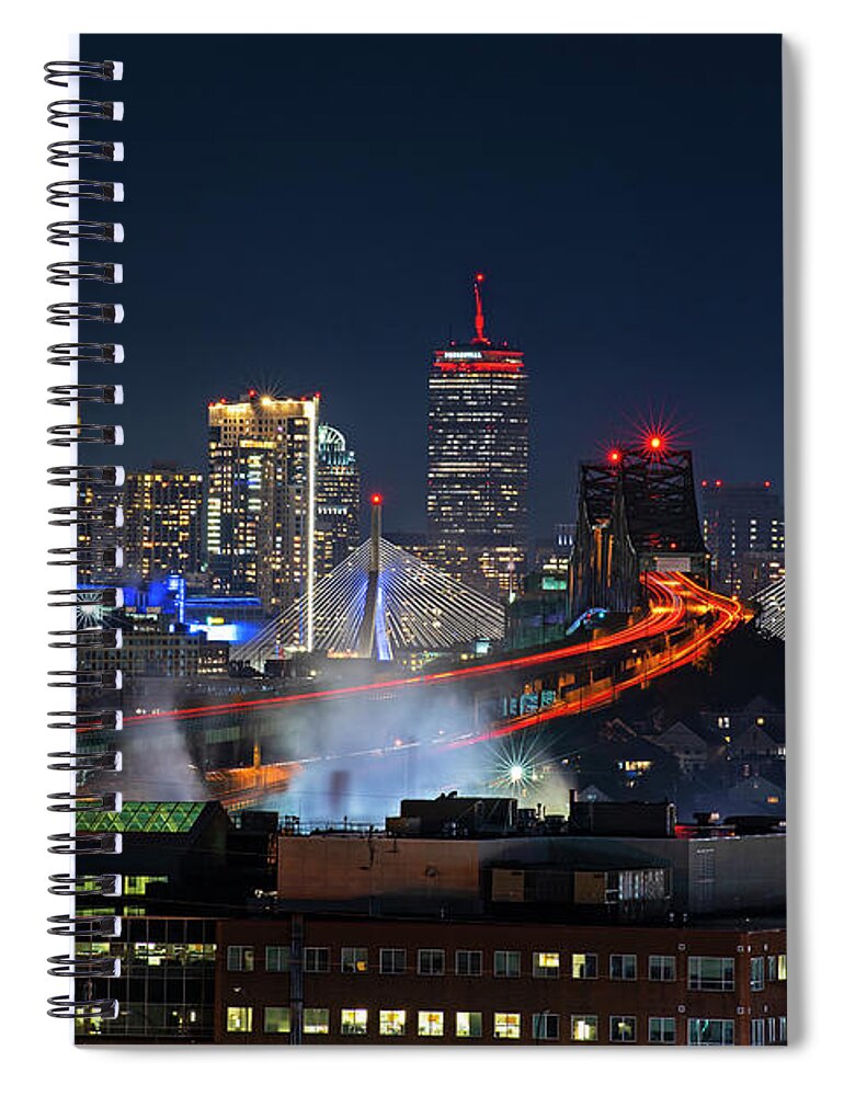 Boston Spiral Notebook featuring the photograph The Boston Skyline lit up in Red Sox Colors Game 1 World Series 2018 by Toby McGuire
